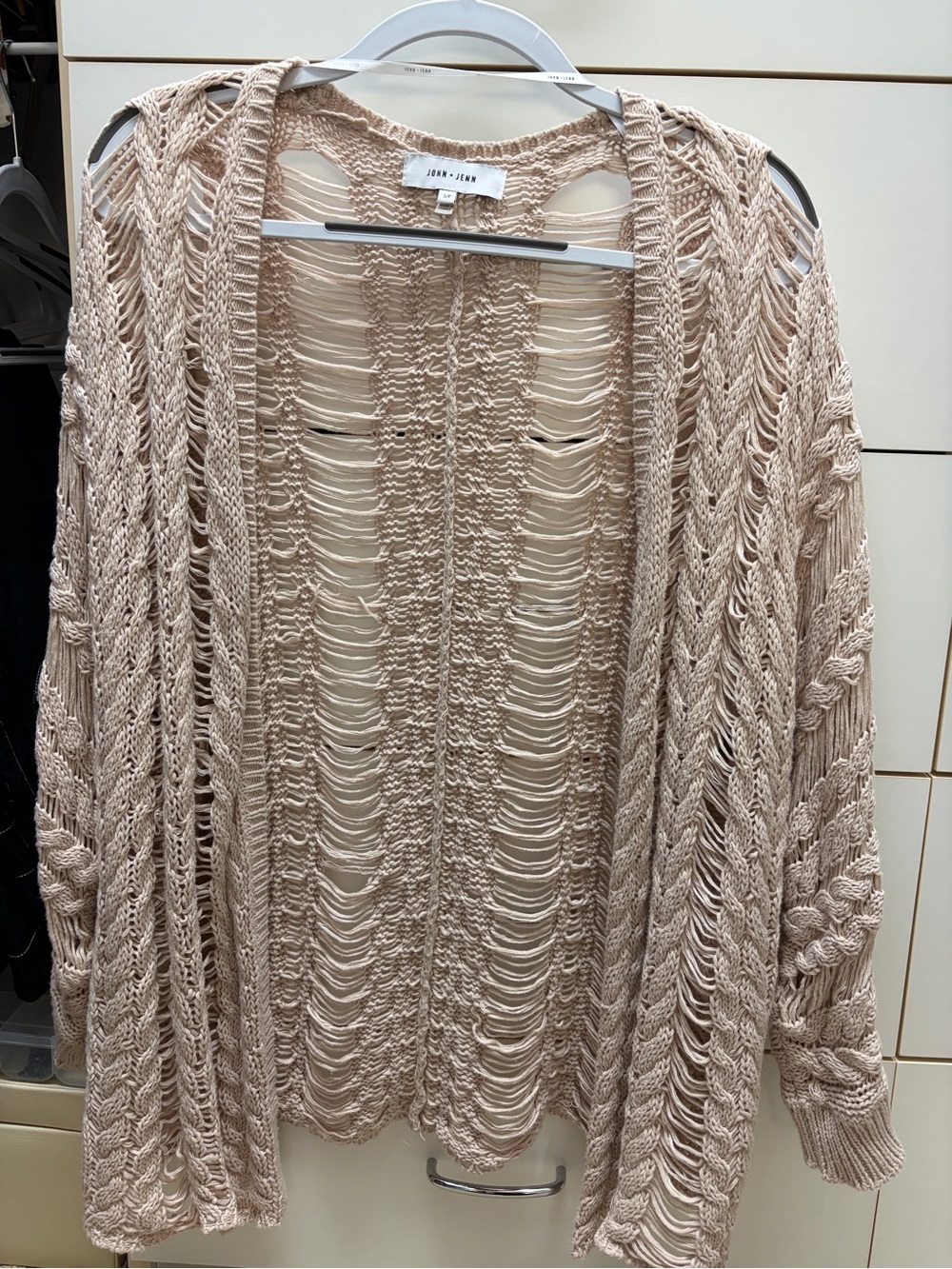 John + Jenn Open-Weave Distressed Knit Cardigan in Beige